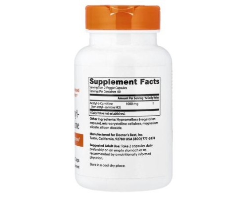 Doctor's Best, Acetyl-L-Carnitine, 120 Veggie Caps (500 mg per Cap) Doctor's Best, Acetyl-L-Carnitine, 120 Veggie Caps (500 mg per Cap)