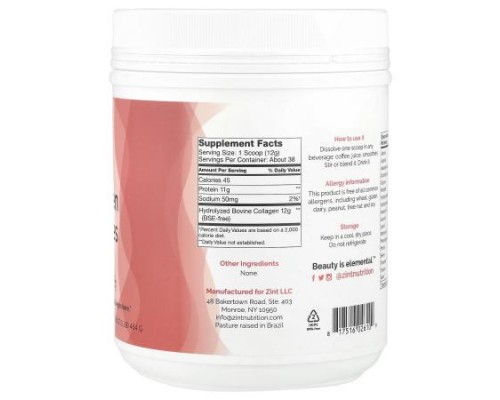 Zint, Pure Grass-Fed Collagen Peptides, Unflavored, Container, 16 oz (454 g)