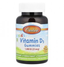 Carlson, Kid's, Vitamin D3 Gummies, Natural Fruit, 25 mcg (1,000 IU), 60 Vegetarian Gummies