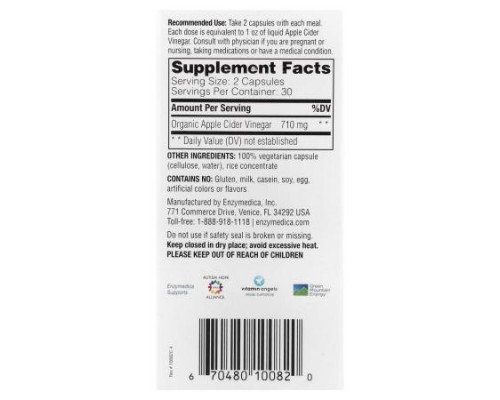 Enzymedica, Apple Cider Vinegar with the Mother, 60 Capsules (355 mg per Capsule) Enzymedica, Apple Cider Vinegar with the Mother, 60 Capsules (355 mg per Capsule)