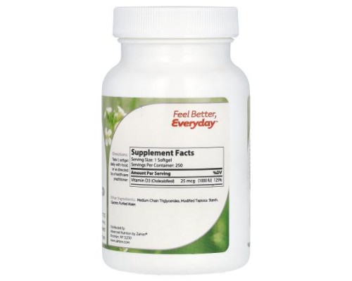 Zahler, Vitamin D3, 25 mcg (1,000 IU), 250 Softgels Zahler, Vitamin D3, 25 mcg (1,000 IU), 250 Softgels