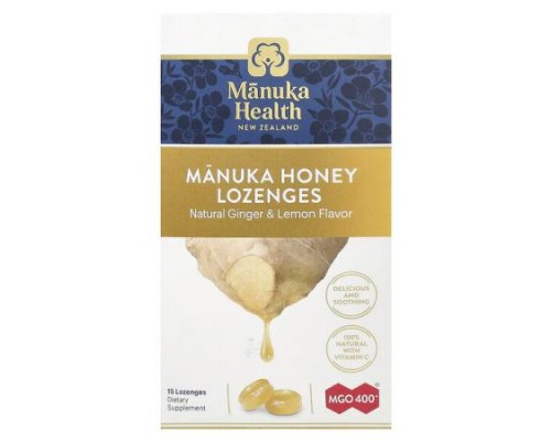 Manuka Health, Manuka Honey Lozenges, Natural Ginger & Lemon, MGO 400+, 15 Lozenges Manuka Health, Manuka Honey Lozenges, Natural Ginger & Lemon, MGO 400+, 15 Lozenges
