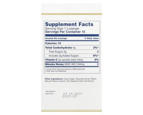 Manuka Health, Manuka Honey Lozenges, Natural Lemon, MGO 400+, 15 Lozenges