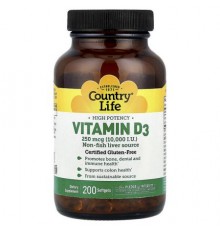 Country Life, Vitamin D3, High Potency , 250 mcg (10,000 IU), 200 Softgels