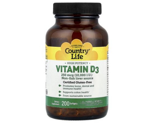 Country Life, Vitamin D3, High Potency , 250 mcg (10,000 IU), 200 Softgels Country Life, Vitamin D3, High Potency , 250 mcg (10,000 IU), 200 Softgels