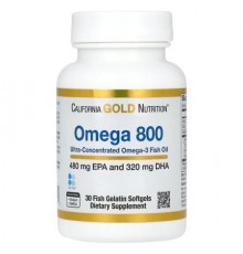 California Gold Nutrition, Omega 800 Ultra-Concentrated Omega-3 Fish Oil, kd-pur Triglyceride Form, 30 Fish Gelatin Softgels (1,000 mg per Softgel)