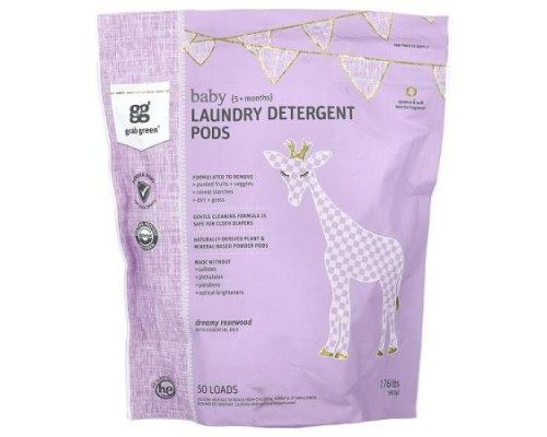 Grab Green, Baby, Laundry Detergent Pods, Dreamy Rosewood with Essential Oils, 5+ Months, 50 Loads, 1.76 lbs (800 g) Grab Green, Baby, Laundry Detergent Pods, Dreamy Rosewood with Essential Oils, 5+ Months, 50 Loads, 1.76 lbs (800 g)
