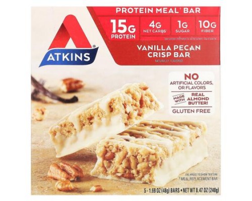 Atkins, Protein Meal Bar, Vanilla Pecan Crisp, 5 Bars, 1.69 oz (48 g) Each Atkins, Protein Meal Bar, Vanilla Pecan Crisp, 5 Bars, 1.69 oz (48 g) Each