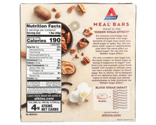 Atkins, Protein Meal Bar, Vanilla Pecan Crisp, 5 Bars, 1.69 oz (48 g) Each Atkins, Protein Meal Bar, Vanilla Pecan Crisp, 5 Bars, 1.69 oz (48 g) Each