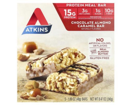 Atkins, Protein Meal Bar, Chocolate Almond Caramel, 5 Bars, 1.69 oz (48 g) Each Atkins, Protein Meal Bar, Chocolate Almond Caramel, 5 Bars, 1.69 oz (48 g) Each