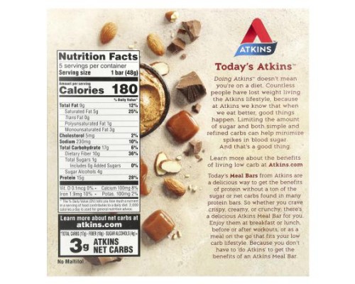 Atkins, Protein Meal Bar, Chocolate Almond Caramel, 5 Bars, 1.69 oz (48 g) Each Atkins, Protein Meal Bar, Chocolate Almond Caramel, 5 Bars, 1.69 oz (48 g) Each
