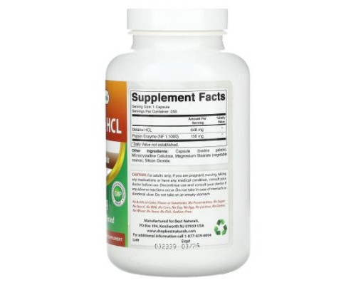 Best Naturals, Betaine HCL, 648 mg, 250 Capsules Best Naturals, Betaine HCL, 648 mg, 250 Capsules