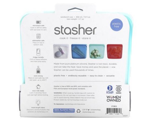 Stasher, Reusable Silicone Food Bag, Sandwich Size, Aqua, 15 fl oz (450 ml) Stasher, Reusable Silicone Food Bag, Sandwich Size, Aqua, 15 fl oz (450 ml)