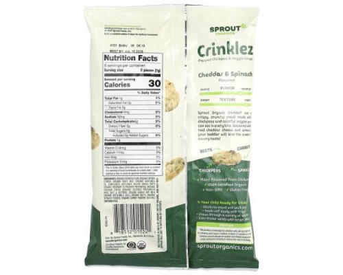 Sprout Organics, Crinklez®, Organic Popped Chickpea & Veggie Crisps, 12 Months & Up, Cheddar & Spinach, 1.48 oz (42 g) Sprout Organics, Crinklez®, Organic Popped Chickpea & Veggie Crisps, 12 Months & Up, Cheddar & Spinach, 1.48 oz (42 g)