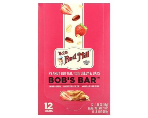 Bob's Red Mill, Bob's Bar, Peanut Butter, Jelly & Oats, 12 Bars, 1.76 oz (50 g) Each Bob's Red Mill, Bob's Bar, Peanut Butter, Jelly & Oats, 12 Bars, 1.76 oz (50 g) Each