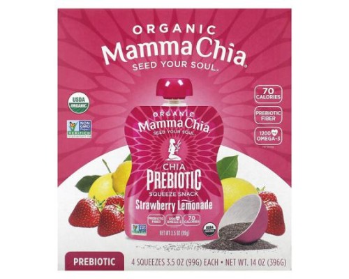 Mamma Chia, Organic Chia Prebiotic Squeeze Snack, Strawberry Lemonade, 4 Pack, 3.5 oz (99 g) Each Mamma Chia, Organic Chia Prebiotic Squeeze Snack, Strawberry Lemonade, 4 Pack, 3.5 oz (99 g) Each