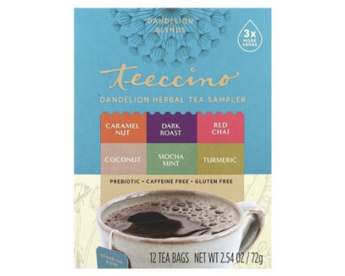 Teeccino, Dandelion Herbal Tea Sampler, 6 Flavors, Caffeine Free, 12 Tea Bags, 2.54 oz (72 g)