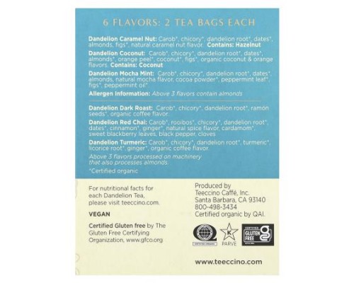 Teeccino, Dandelion Herbal Tea Sampler, 6 Flavors, Caffeine Free, 12 Tea Bags, 2.54 oz (72 g)