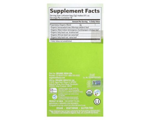 Organic India, Tea, Tulsi Moringa, Caffeine Free, 18 Infusion Bags, 1.27 oz (36 g) Organic India, Tea, Tulsi Moringa, Caffeine Free, 18 Infusion Bags, 1.27 oz (36 g)