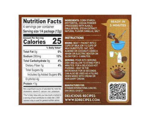 Natural Simply Delish, Plant-Based Instant Pudding, Chocolate, Sugar Free, 1.7 oz (48 g)