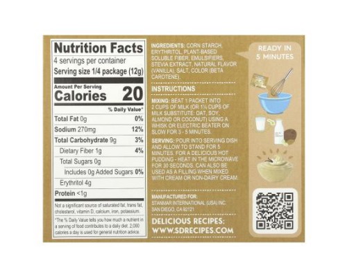 Natural Simply Delish, Plant-Based Instant Pudding, Sugar Free, Vanilla, 1.7 oz (48 g)