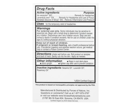 Forces of Nature, Headache Roll-On, Organic Plant Medicine, 0.14 oz (4 ml)