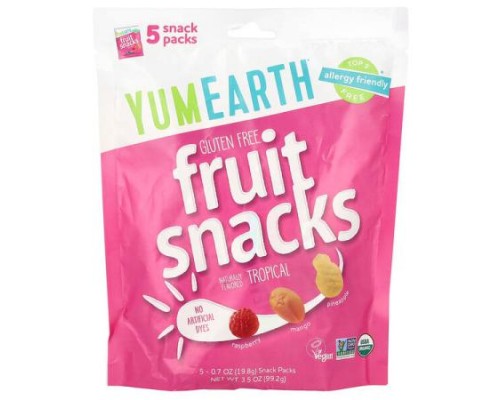 YumEarth, Gluten Free Fruit Snacks, Tropical, 5 Snack Packs, 0.7 oz (19.8 g) Each YumEarth, Gluten Free Fruit Snacks, Tropical, 5 Snack Packs, 0.7 oz (19.8 g) Each
