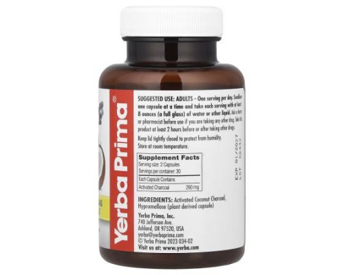 Yerba Prima, Activated Coconut Charcoal, 60 Capsules (130 mg per Capsule) Yerba Prima, Activated Coconut Charcoal, 60 Capsules (130 mg per Capsule)
