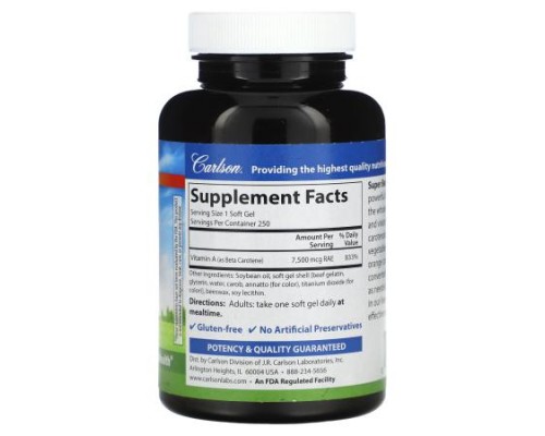 Carlson, Super Beta Carotene, 7,500 mcg RAE (25,000 IU), 250 Soft Gels Carlson, Super Beta Carotene, 7,500 mcg RAE (25,000 IU), 250 Soft Gels