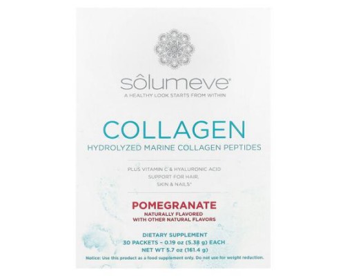 Solumeve, Collagen Peptides Plus Vitamin C & Hyaluronic Acid, Pomegranate, 30 Packets, 0.19 oz (5.38 g) Each Solumeve, Collagen Peptides Plus Vitamin C & Hyaluronic Acid, Pomegranate, 30 Packets, 0.19 oz (5.38 g) Each
