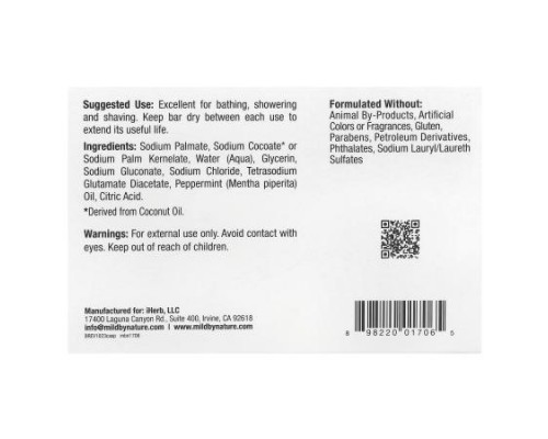 Mild By Nature, Castile Bar Soap, Peppermint, 5 oz (141 g)