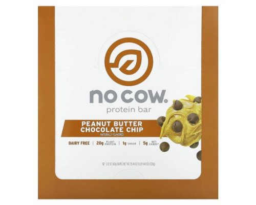 No Cow, Protein Bar, Peanut Butter Chocolate Chip, 12 Bars, 2.12 oz (60 g) Each