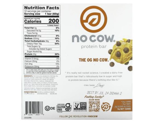 No Cow, Protein Bar, Peanut Butter Chocolate Chip, 12 Bars, 2.12 oz (60 g) Each