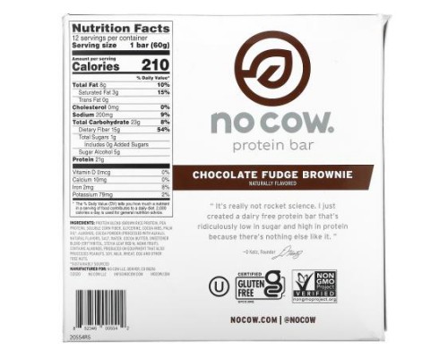No Cow, Protein Bar, Chocolate Fudge Brownie, 12 Bars, 2.12 oz (60 g) Each