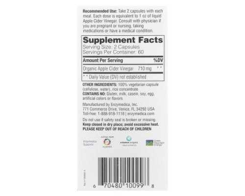 Enzymedica, Apple Cider Vinegar with the Mother, 120 Capsules (355 mg per Capsule) Enzymedica, Apple Cider Vinegar with the Mother, 120 Capsules (355 mg per Capsule)