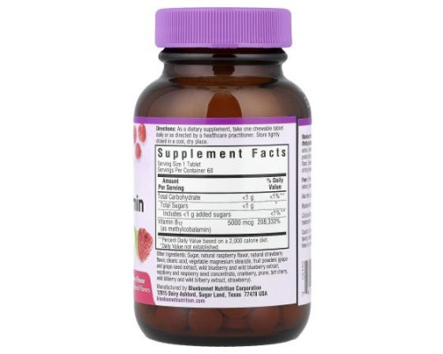 Bluebonnet Nutrition, Earth Sweet® Chewables, CellularActive® Methylcobalamin, Raspberry, 5,000 mcg, 60 Chewable Tablets